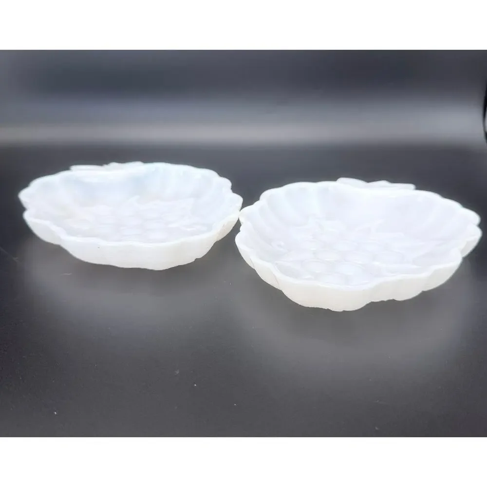 Vintage Hazel Atlas Milk Glass Grape Cluster Relish Candy Dishes Pair 7in